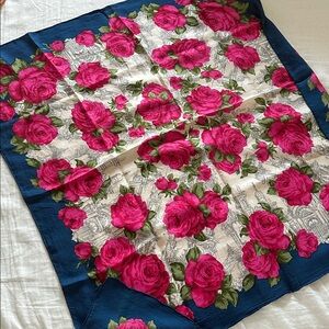 NWOT Square 34inch silk Floral Scarf with Pink Roses and Blue Border